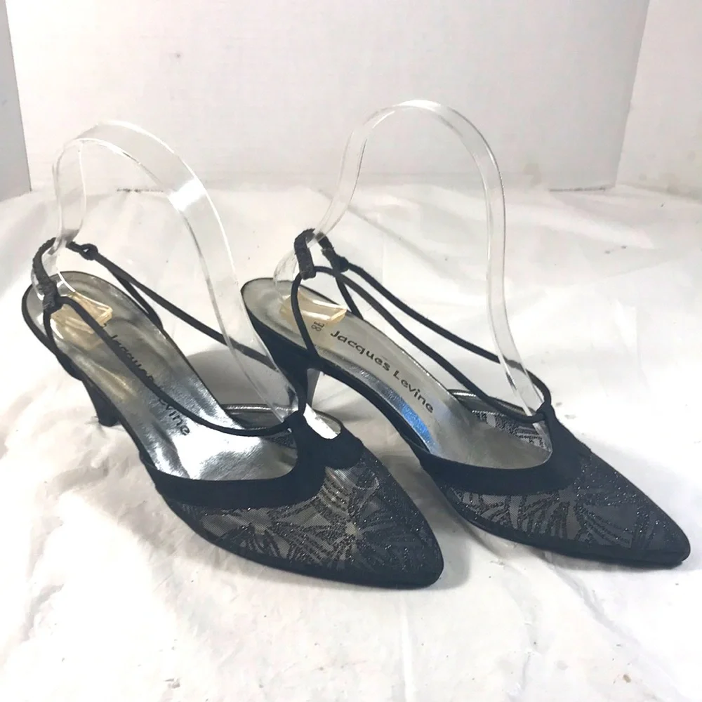 Jacques Levine Women’s Sparkly Shear Black Women's Kitten Heel Pointy Toe Shoes